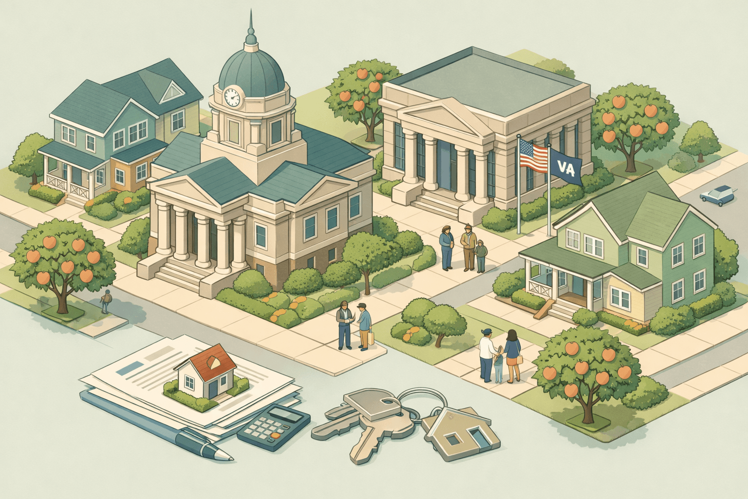 Isometric Georgia cityscape with a courthouse, residential homes, a bank, and small figures of veterans and homebuyers on tree-lined streets.