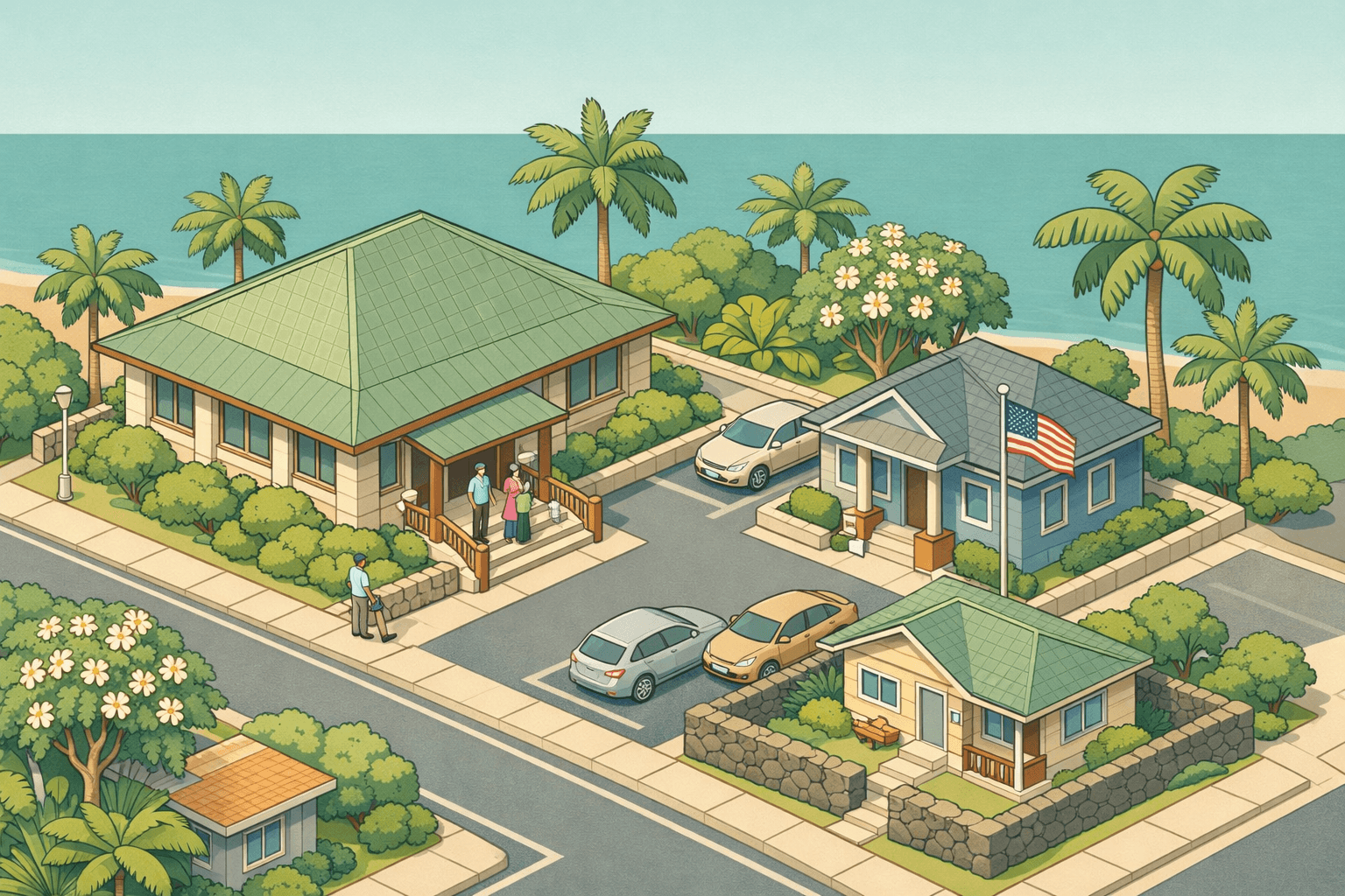 Isometric scene of a Hawaiian town with a bank, a mortgage office, tropical trees, a local home, and small figures meeting a loan officer.