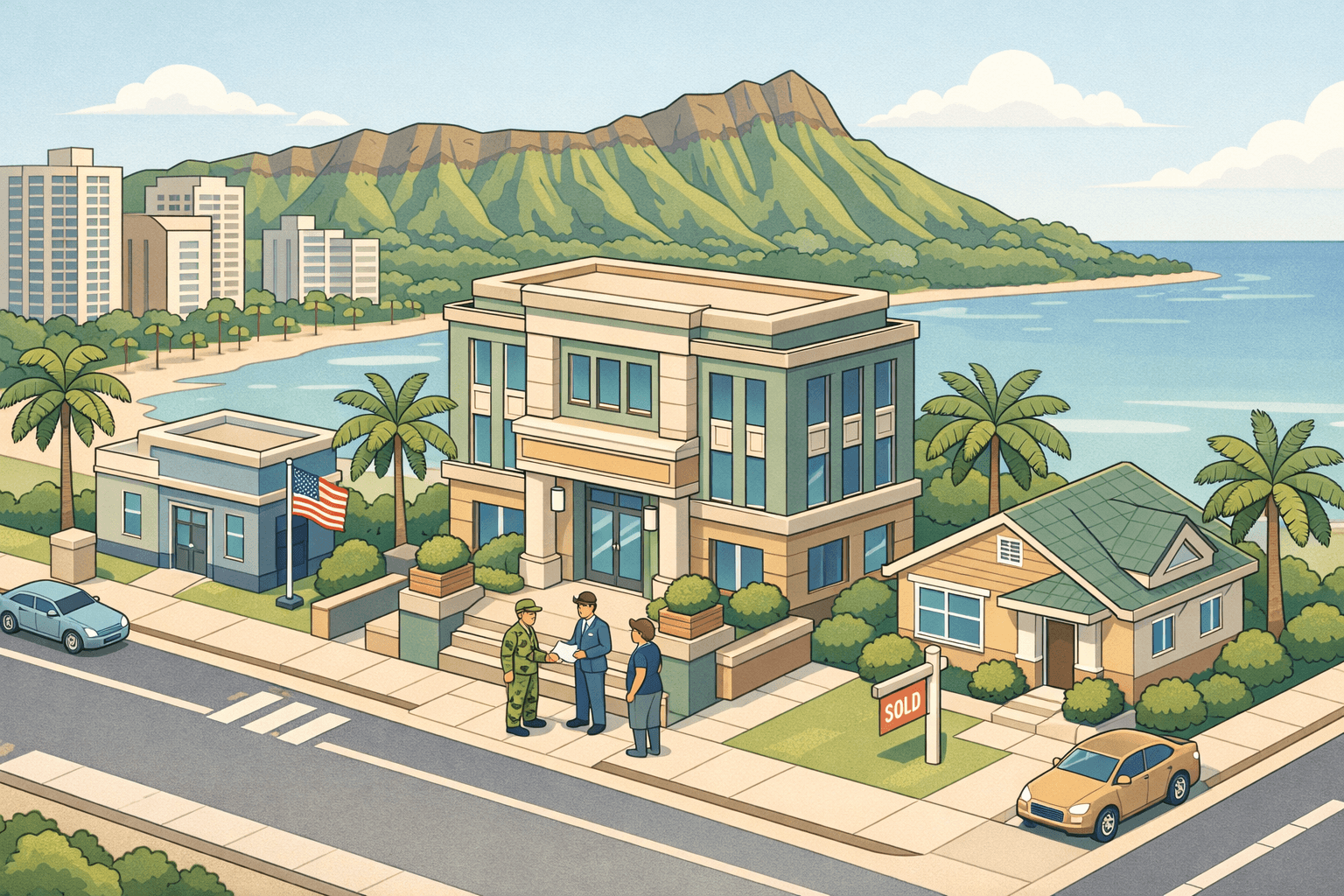 Isometric view of a Honolulu street with a bank building, a VA lending office, a residential home, and small figures representing veterans and loan officers.
