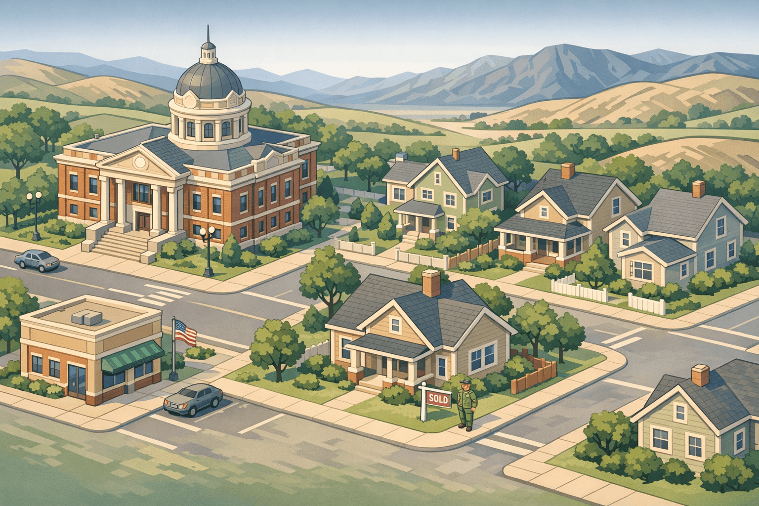 Isometric scene of an Idaho town with homes, a mortgage office, a courthouse, and mountains in the background with a small military figure near a house.