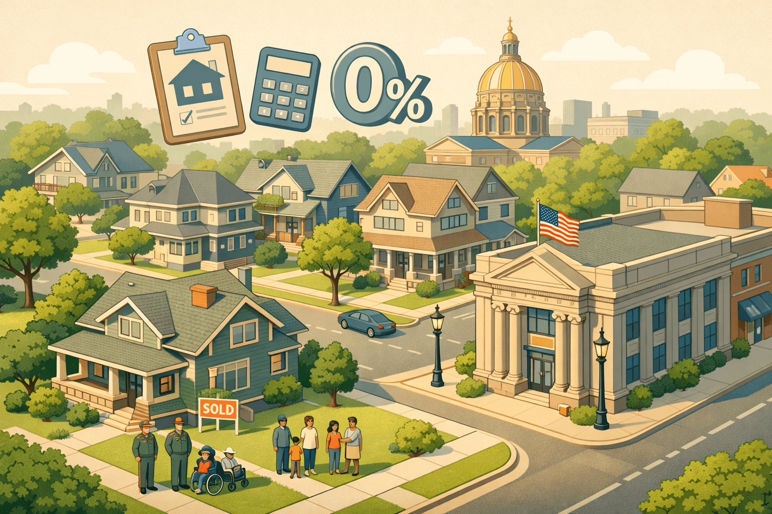 Isometric scene of an Iowa neighborhood with Midwest-style homes, a community bank, a capitol dome in the background, and small figures of veterans near a sold sign.