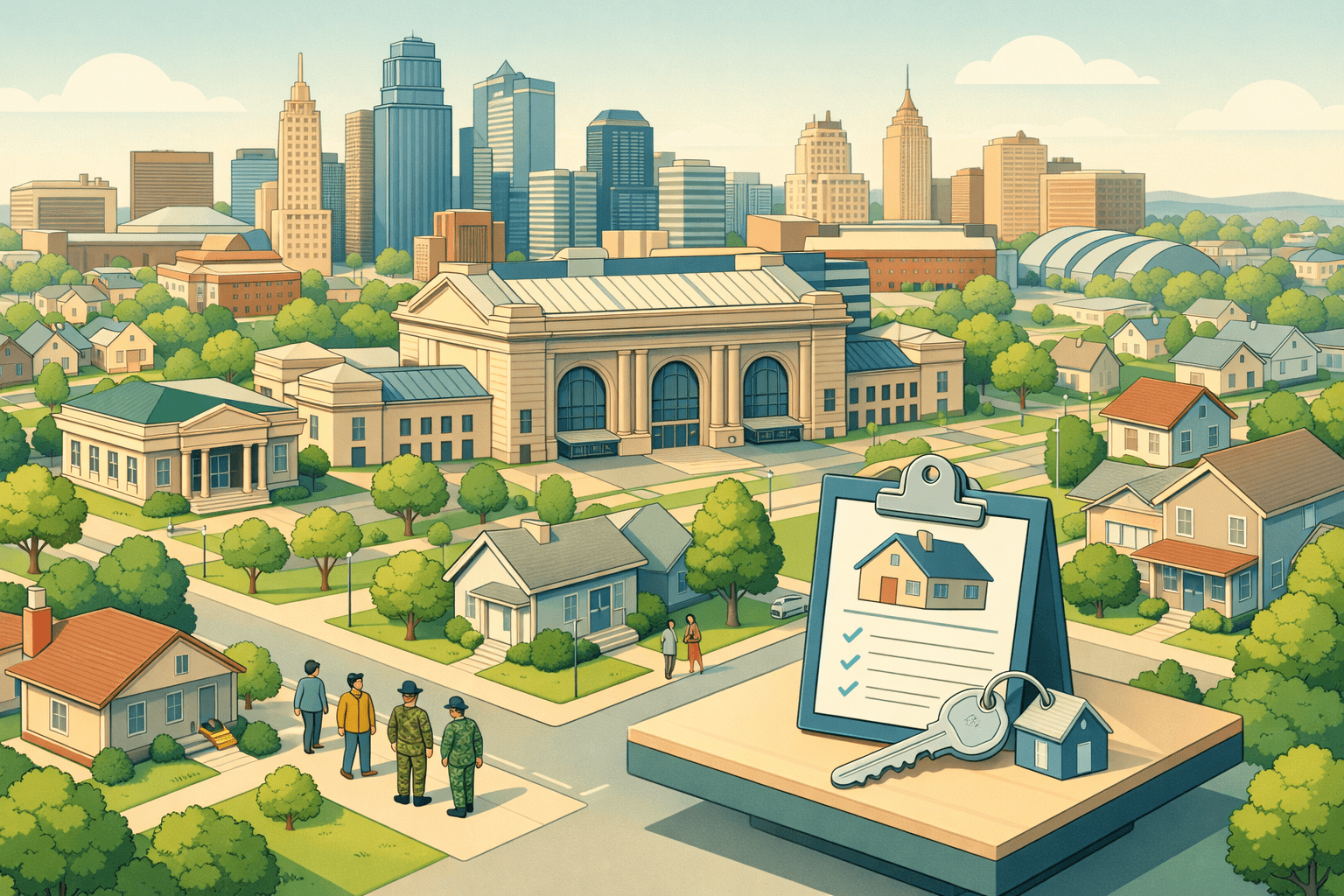 Isometric illustration of Kansas City architecture with residential homes, a bank building, and small figures representing veteran homebuyers in the metro area.