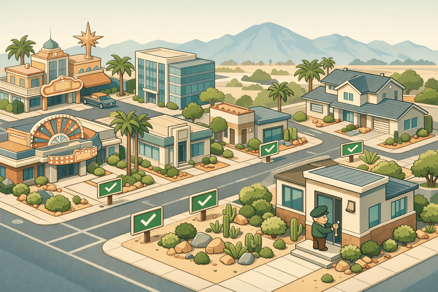 Isometric scene of a Las Vegas neighborhood with a bank, homes, and a small figure holding a house key outside a mortgage office.