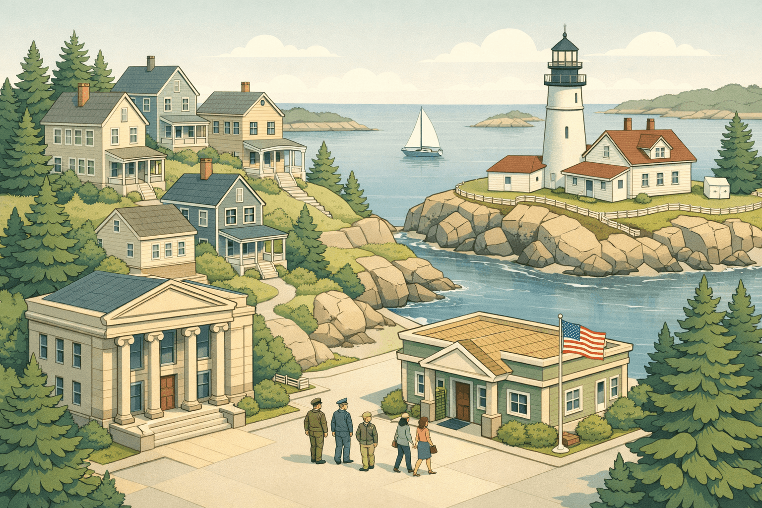 Isometric Maine coastal town with a lighthouse, New England homes, a bank building, and small figures of veterans approaching a mortgage office.
