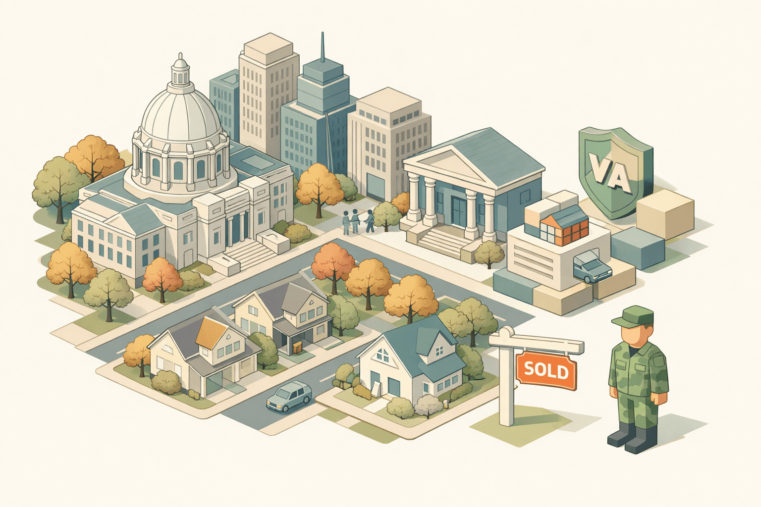 Isometric illustration of a Minnesota city and suburban neighborhood with a bank, homes, and small figures representing veterans exploring home loan options.