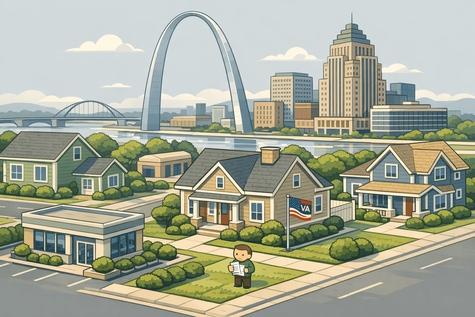 Isometric illustration of a Missouri cityscape with the Gateway Arch, suburban homes, and a bank building representing VA mortgage lending in the state.