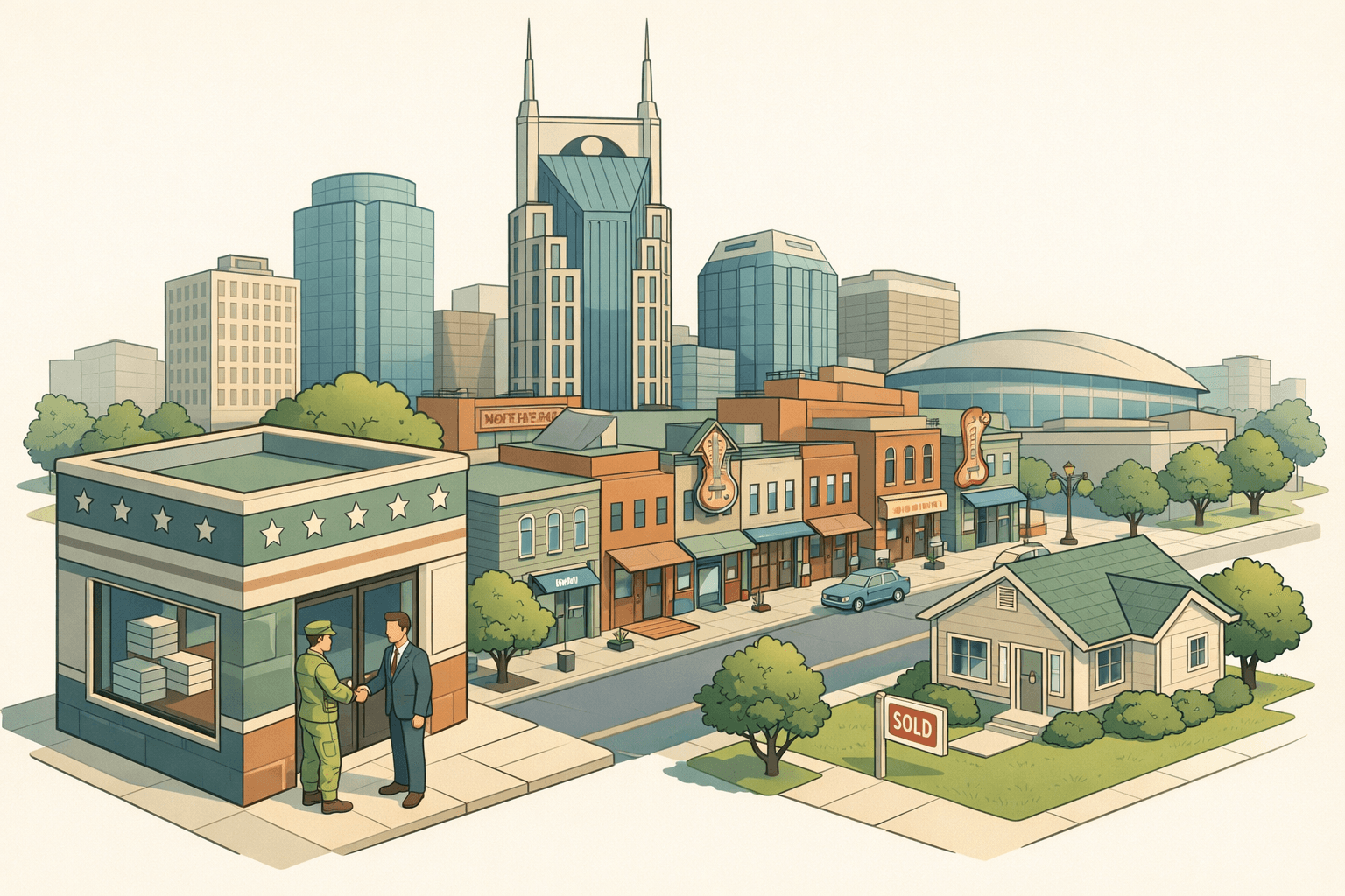 Isometric Nashville cityscape with a local mortgage office, a military borrower meeting a loan officer, and a suburban home with a sold sign nearby.