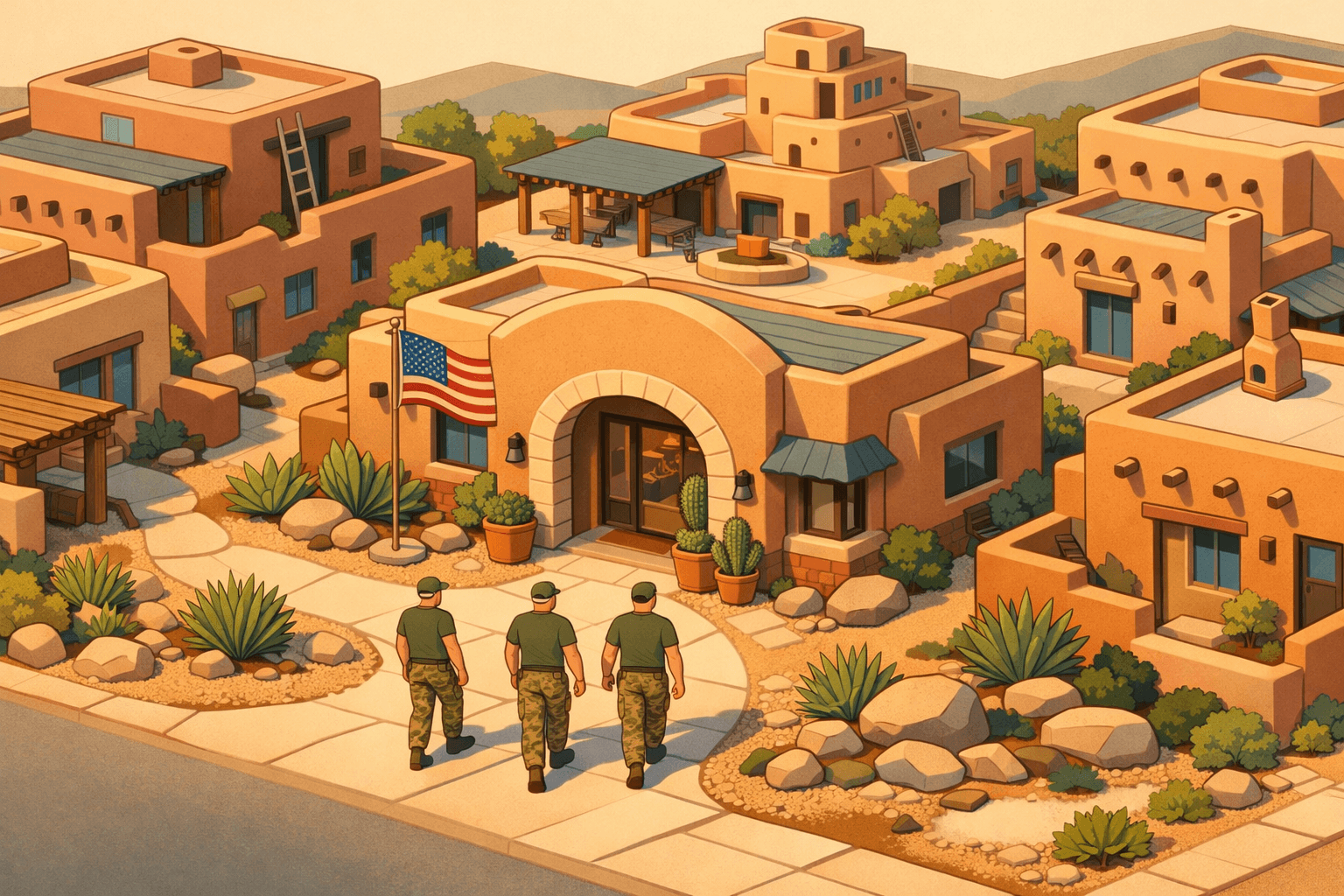 Isometric illustration of adobe-style homes and a mortgage lending office in a New Mexico neighborhood with small figures approaching the entrance.