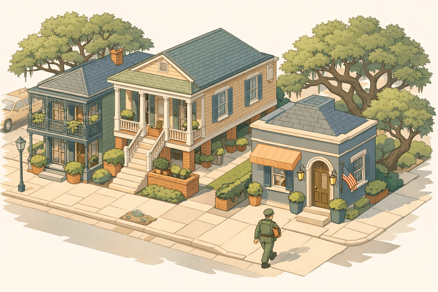 Isometric scene of a New Orleans neighborhood with historic homes and a mortgage office, featuring a small figure approaching the building.