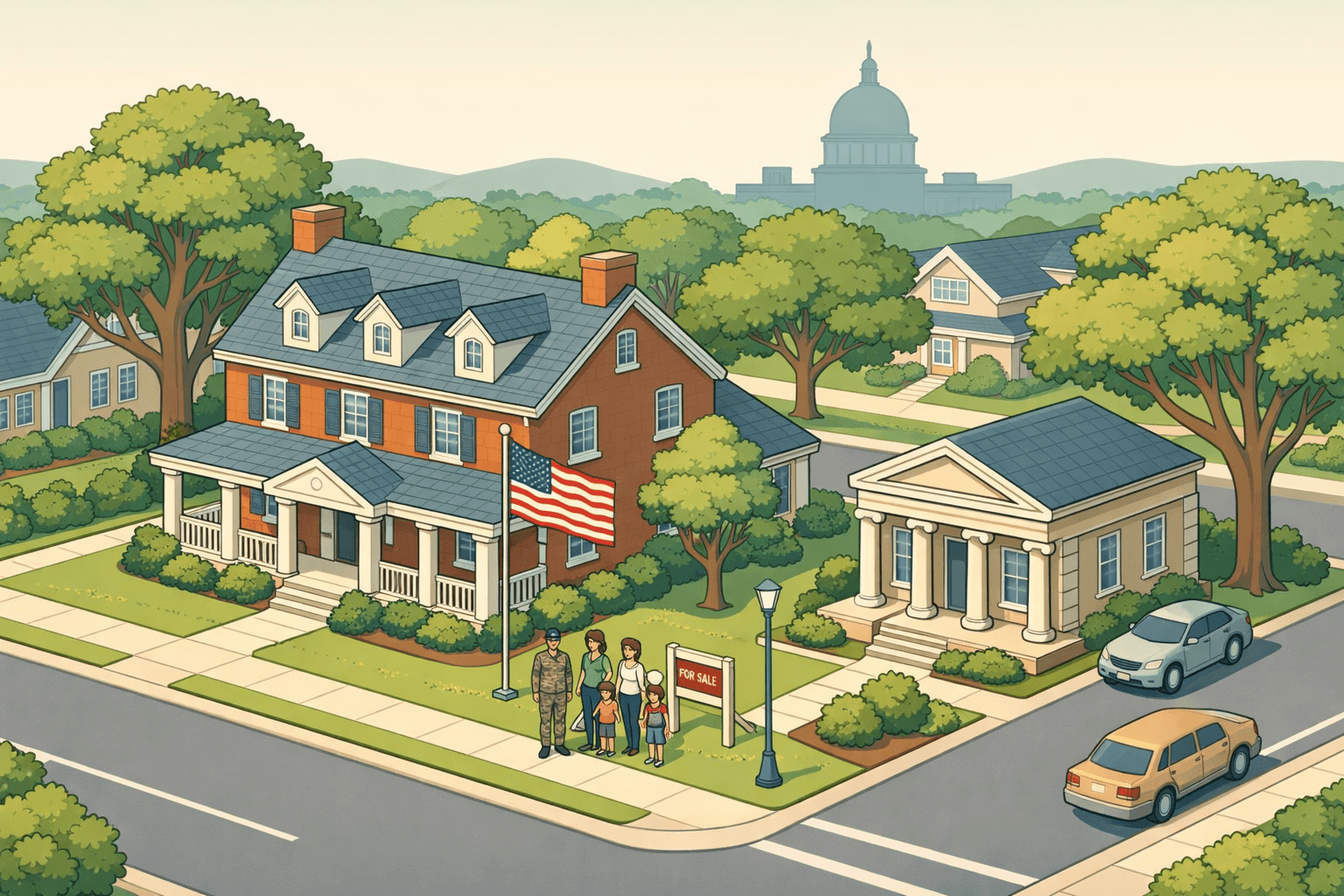 Isometric scene of a North Carolina neighborhood with a brick Colonial home, a small bank building, oak-lined street, and a military family near a for-sale sign.