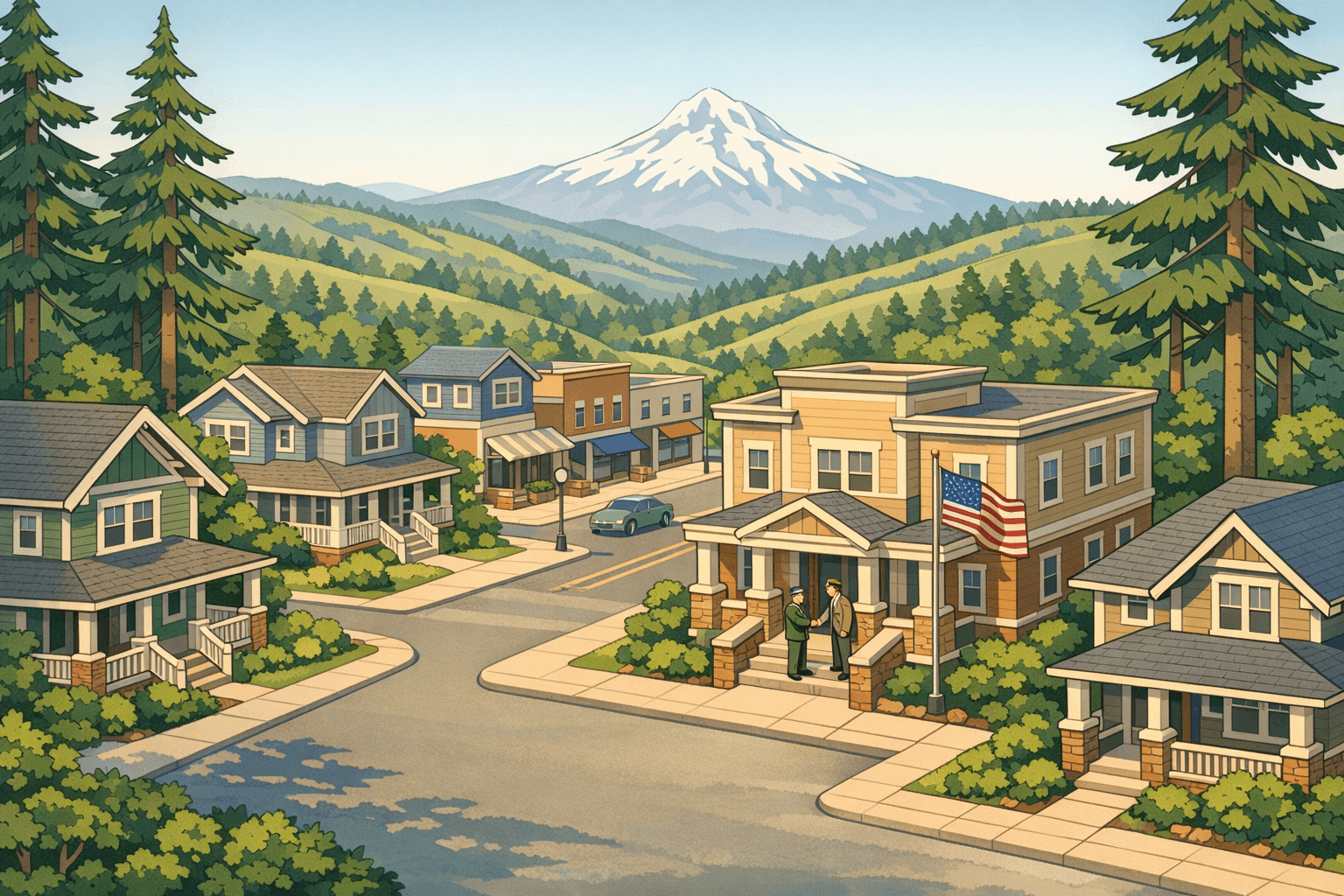 Isometric scene of an Oregon neighborhood with Craftsman homes, a mortgage office, tall fir trees, and a small military figure meeting a loan officer.