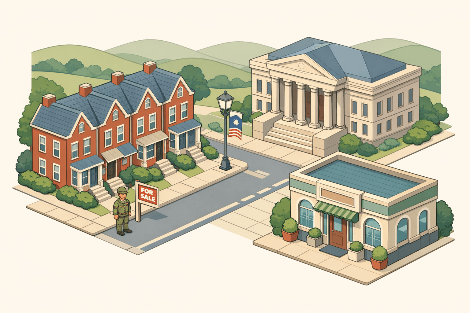 Isometric scene of a Pennsylvania neighborhood with rowhouses, a government building, and a small military figure near a home for sale sign.