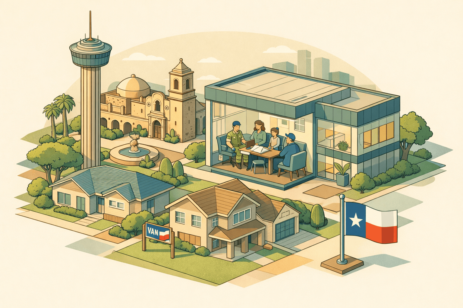 Isometric view of San Antonio landmarks alongside a mortgage office with military families and veterans meeting with loan advisors.