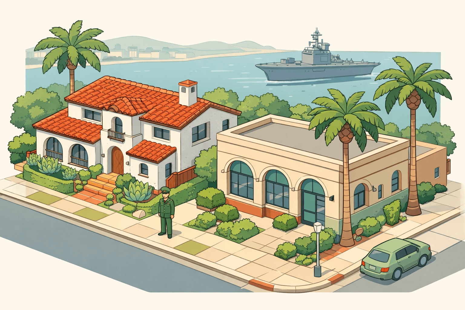 Isometric scene of a San Diego neighborhood with a Spanish-style home, a military figure, a local office building, palm trees, and a distant harbor view.