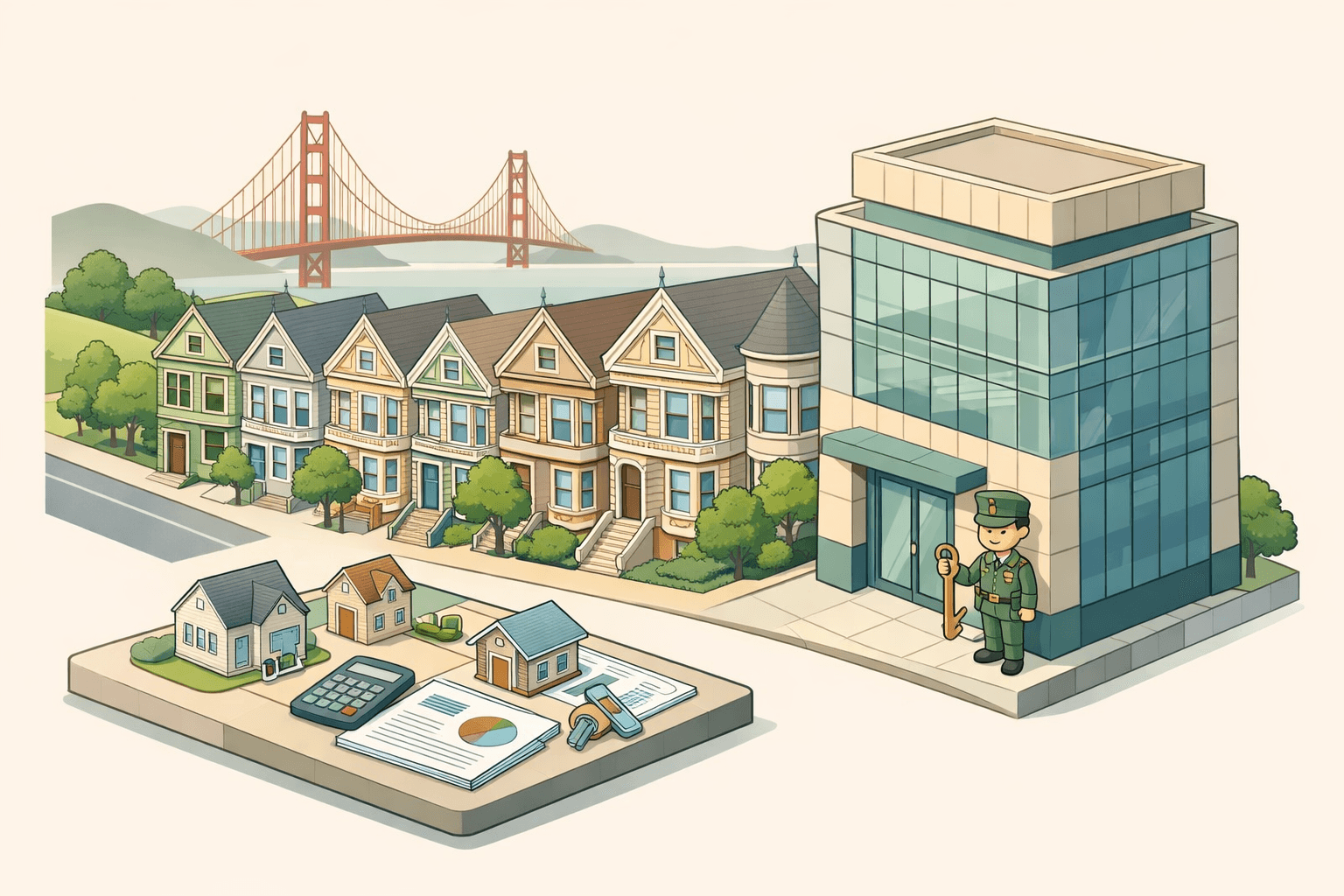 Isometric scene of San Francisco Victorian houses and a lending office with a military figure holding a house key and the Golden Gate Bridge in the background.