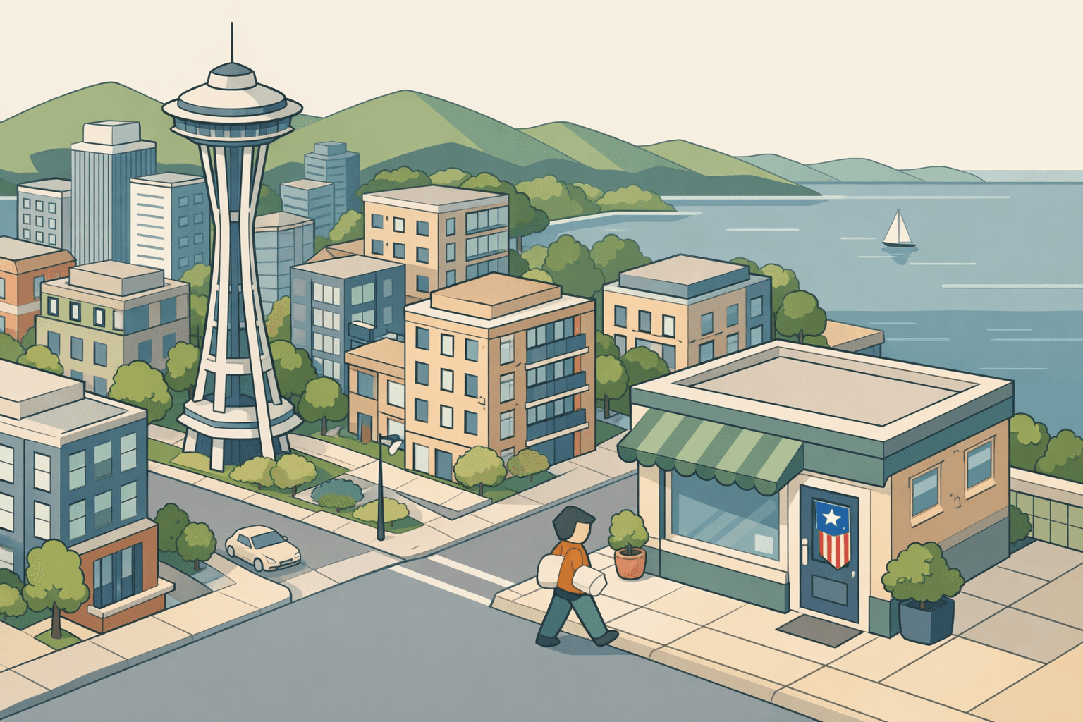Isometric Seattle skyline with the Space Needle, residential buildings, and a small mortgage office representing VA home lending in the city.