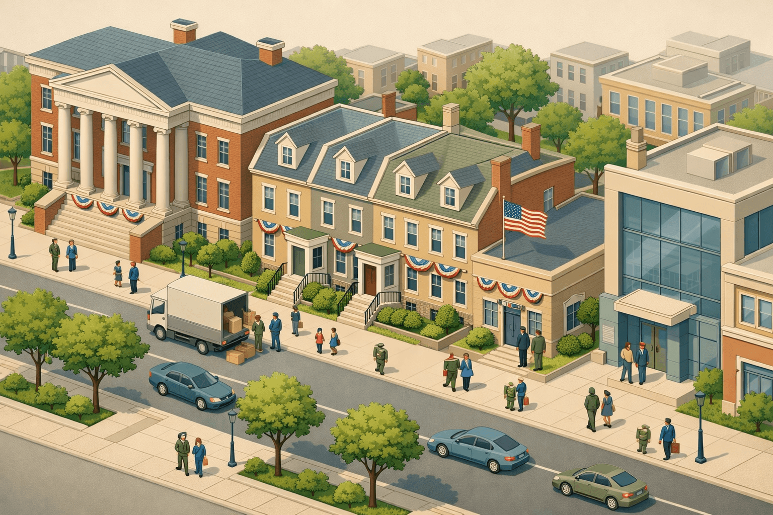 Isometric scene of a Mid-Atlantic neighborhood with federal-style buildings, row houses, a mortgage bank, and small figures in military and civilian attire on a tree-lined street.