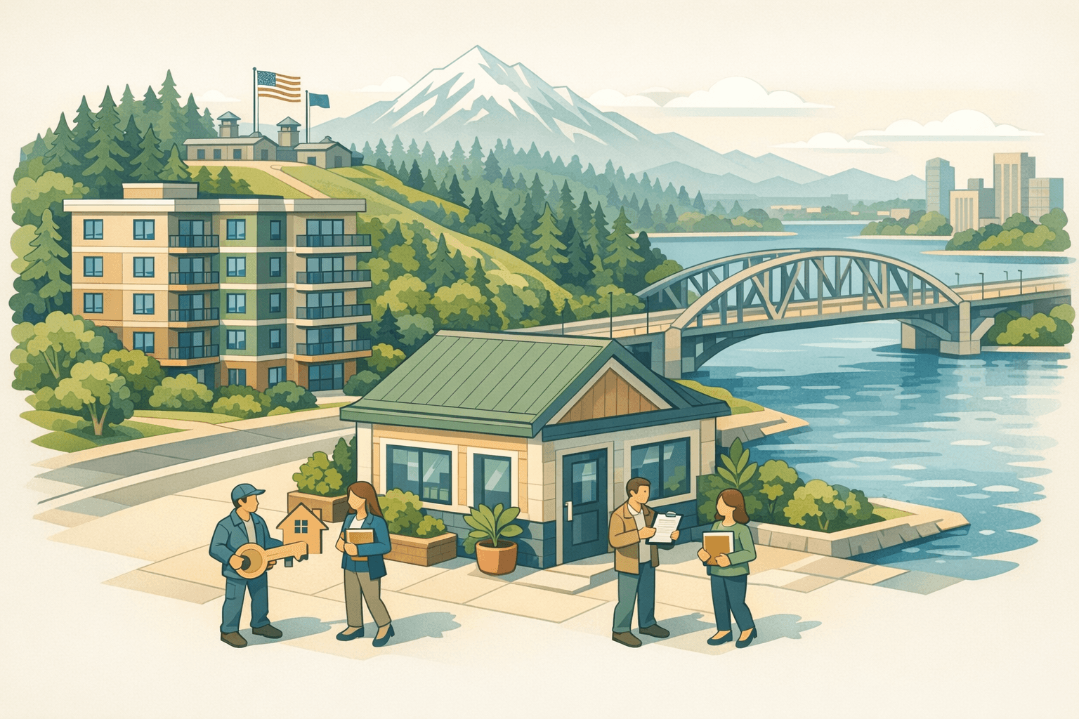 Isometric Pacific Northwest cityscape with evergreen hills, residential buildings, a mortgage office, a river bridge, and small figures near the entrance.