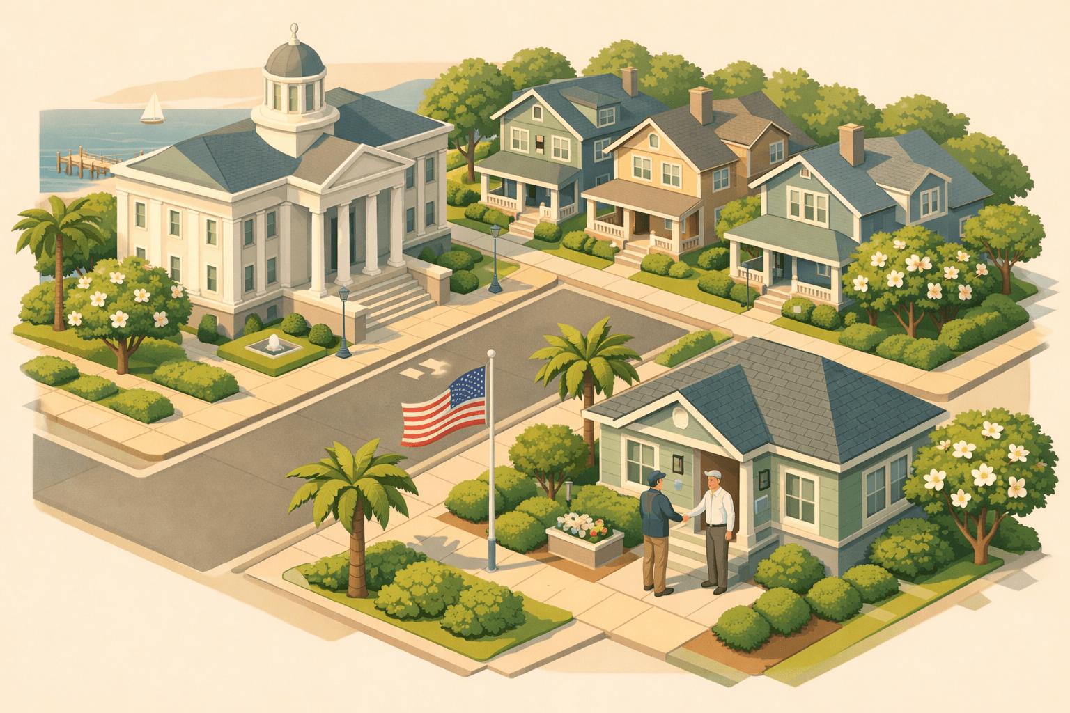 Isometric illustration of a Southern coastal neighborhood with colonial architecture, craftsman homes, and a mortgage office with a veteran meeting a loan officer outside.