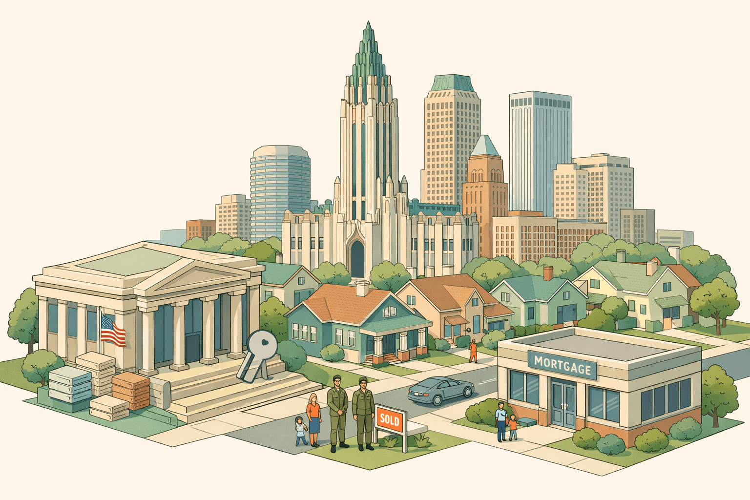 Isometric illustration of Tulsa Oklahoma with art deco buildings, a bank, a mortgage office, homes, and a small figure in military uniform near a sold sign.