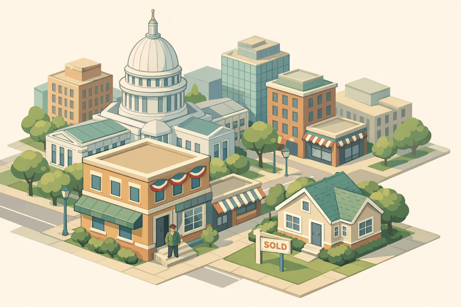Isometric scene of a Wisconsin capitol building neighborhood with a mortgage office, a small veteran figure, and a home with a sold sign on a quiet street.
