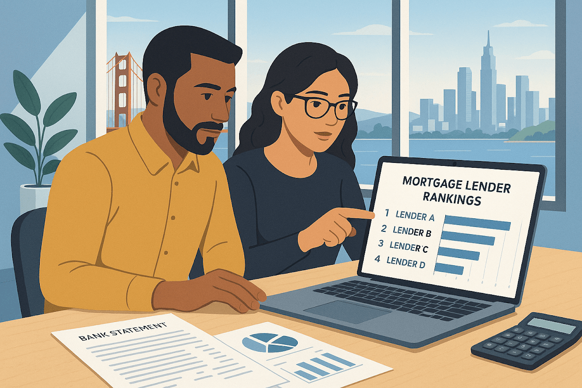 Self-employed professionals comparing bank statement mortgage lenders in a modern California office setting