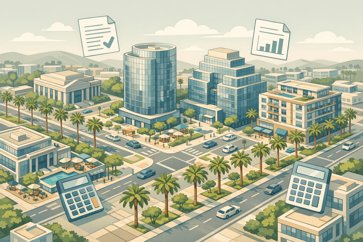 Isometric view of California commercial buildings and offices representing SBA 504 lending landscape