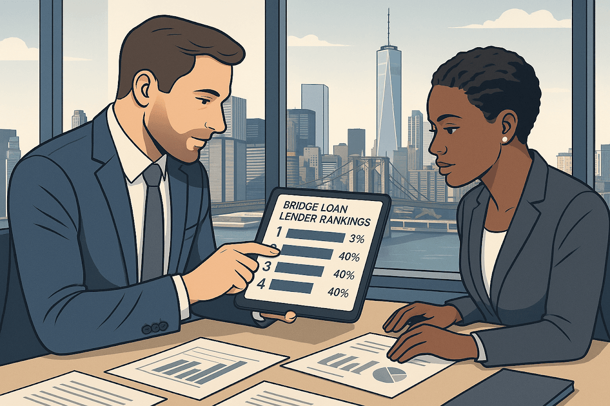 Real estate professionals reviewing bridge loan lender rankings with New York City skyline in background