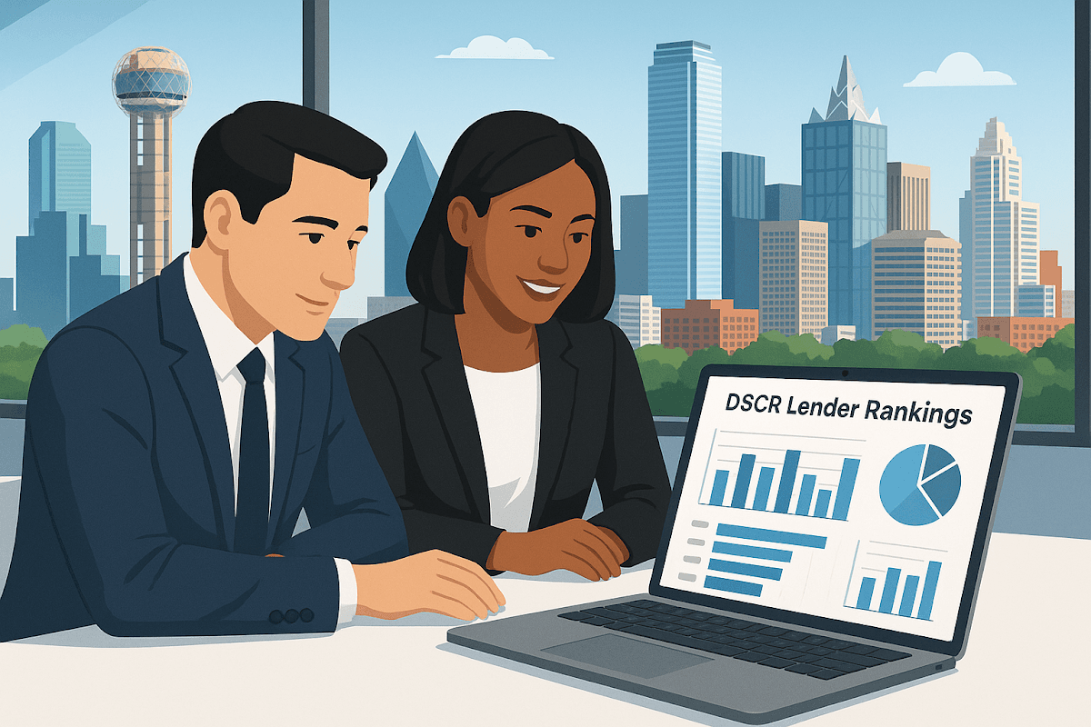 Real estate investors comparing DSCR lender options on laptop with Texas city skyline background