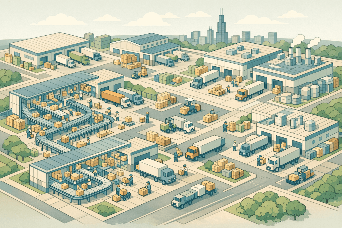 Isometric view of Illinois warehouse and distribution facilities with inventory storage areas and loading operations
